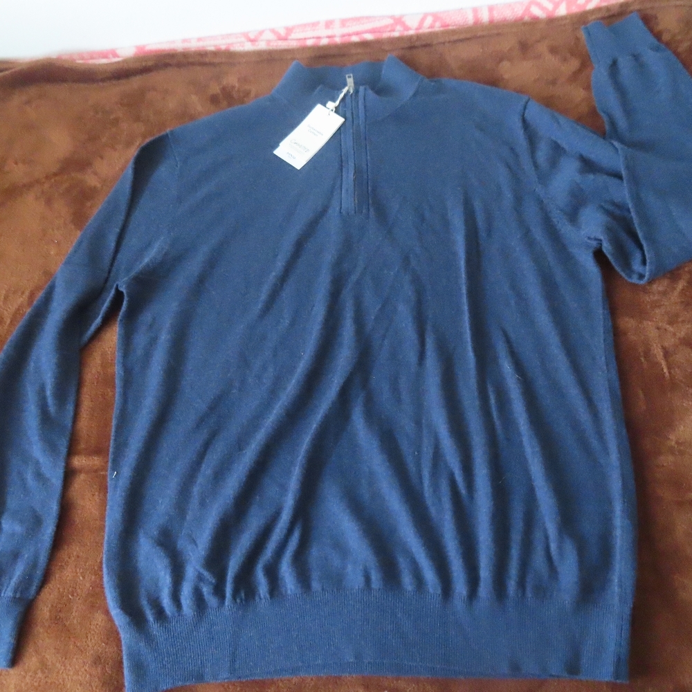 Mango mng mens sweater 1/4 zip blue cotton/cashmere 2XL NWT